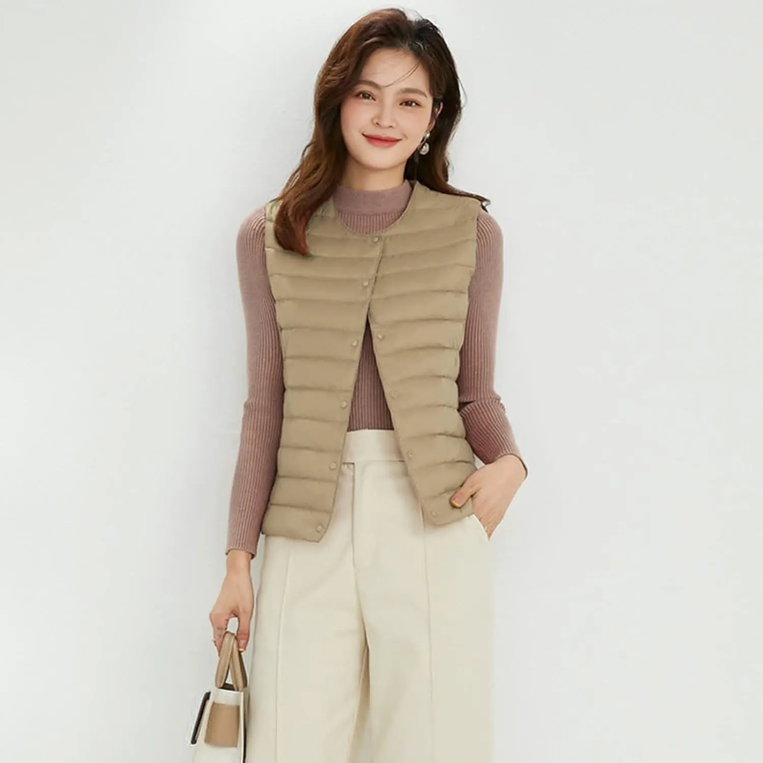 Women's Round Neck Puffer Vest Crewneck Winter Quilted Down Vest Trendy Lightweight Thicken Warm Bubble Gilet Tank