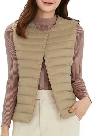 Women's Round Neck Puffer Vest Crewneck Winter Quilted Down Vest Trendy Lightweight Thicken Warm Bubble Gilet Tank