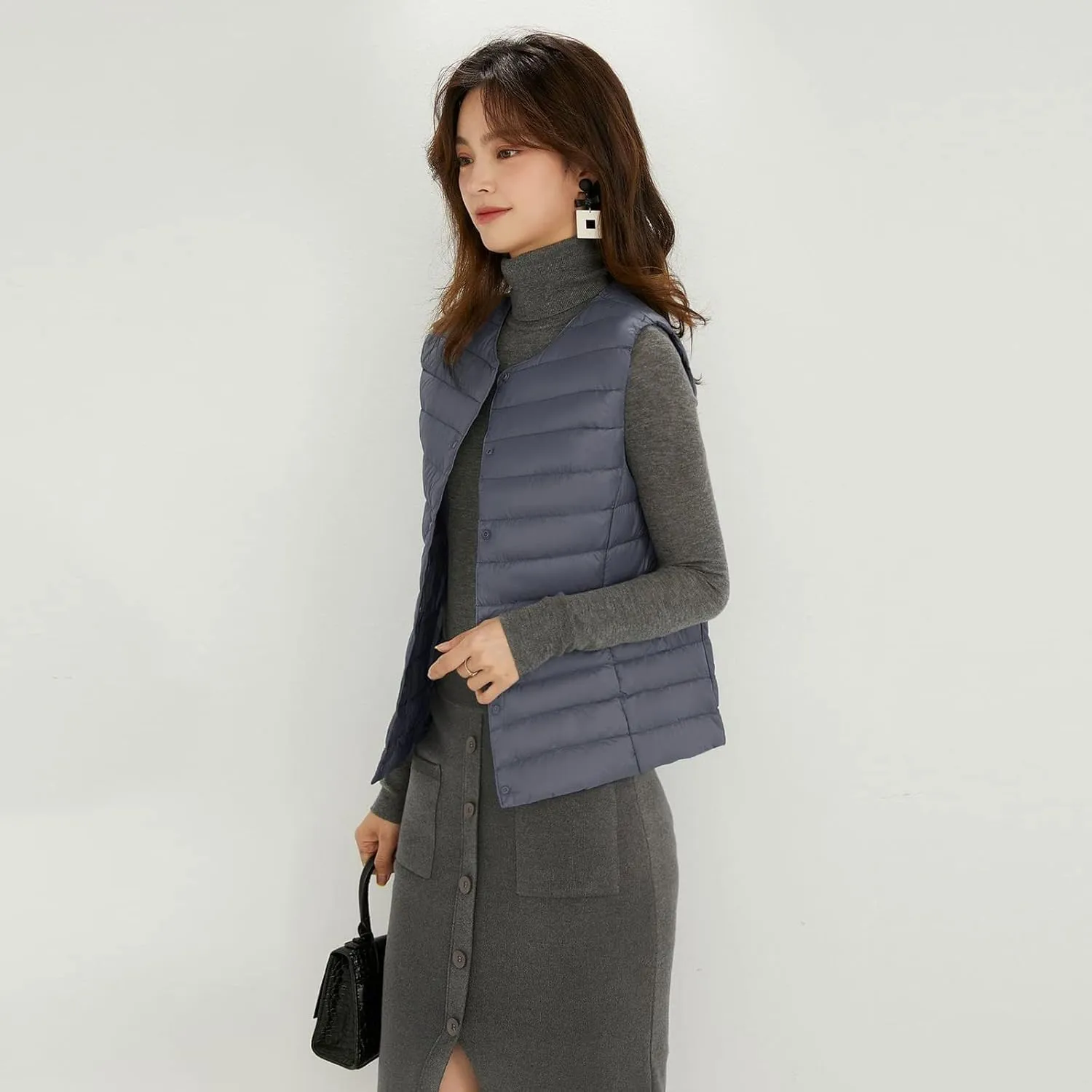 Women's Round Neck Puffer Vest Crewneck Winter Quilted Down Vest Trendy Lightweight Thicken Warm Bubble Gilet Tank