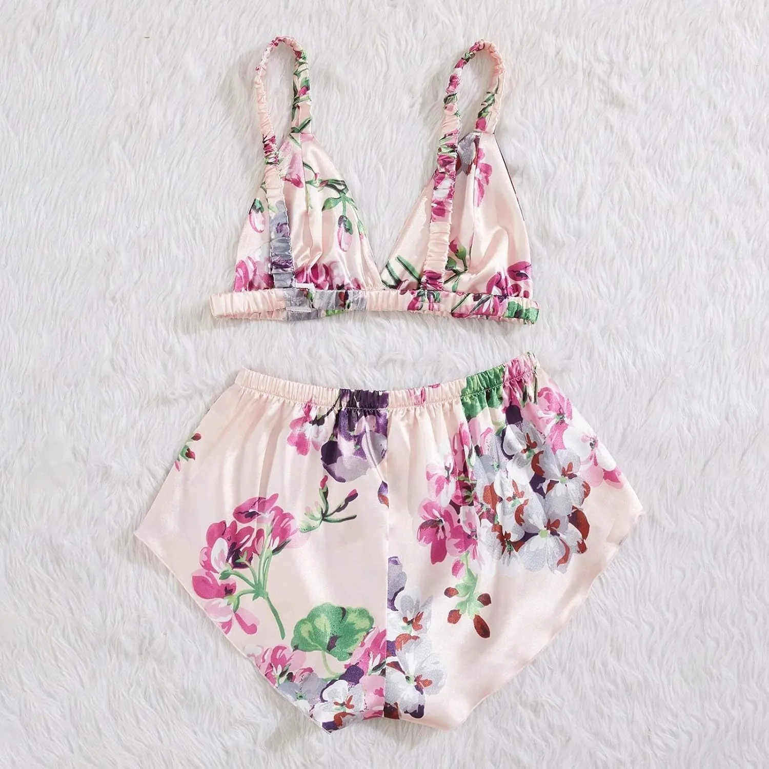 Women's Satin Underwear Floral Sheer Mesh Lingerie Set Embroidered Bralette Top Shorts