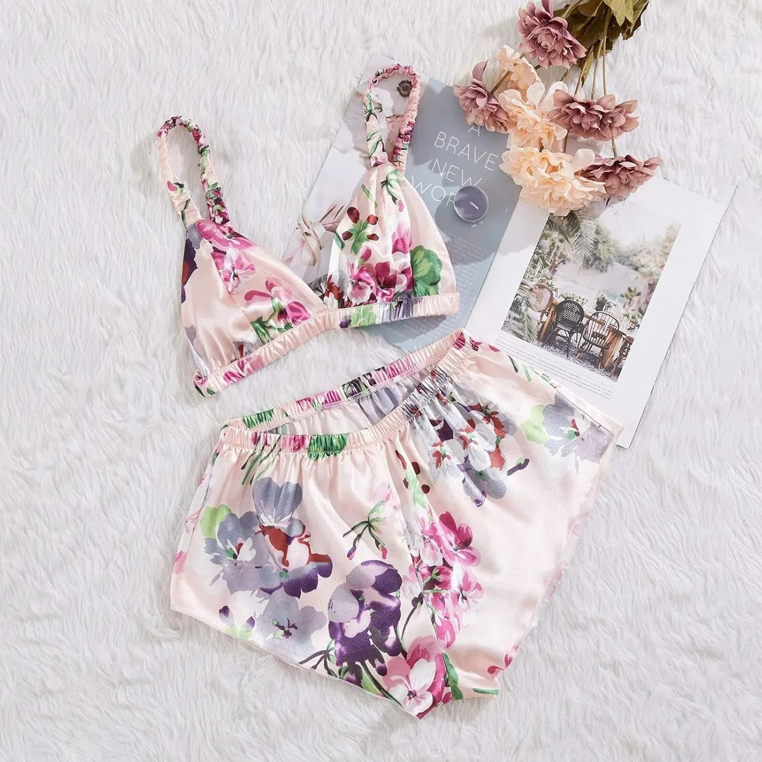 Women's Satin Underwear Floral Sheer Mesh Lingerie Set Embroidered Bralette Top Shorts