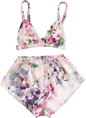 Women's Satin Underwear Floral Sheer Mesh Lingerie Set Embroidered Bralette Top Shorts