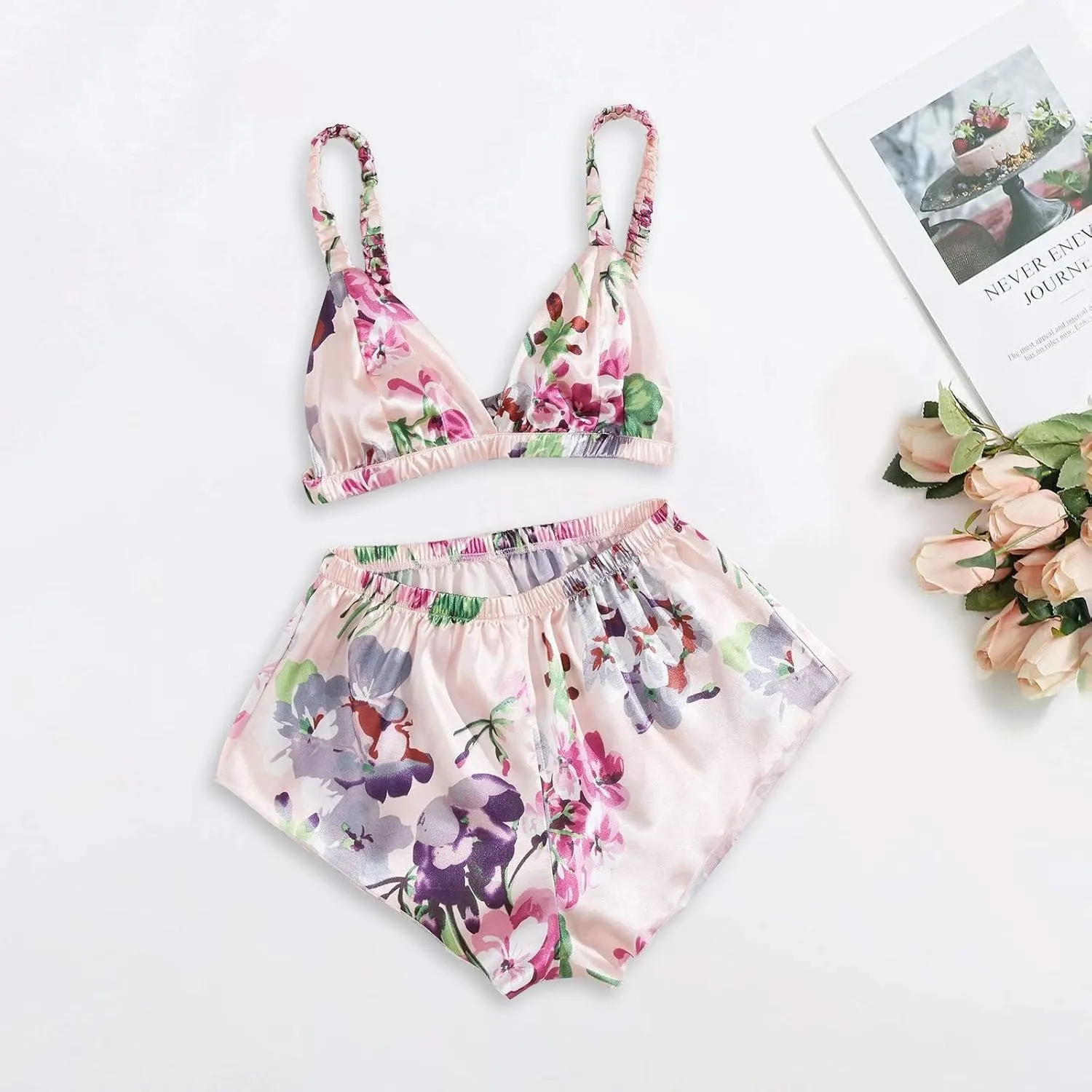 Women's Satin Underwear Floral Sheer Mesh Lingerie Set Embroidered Bralette Top Shorts