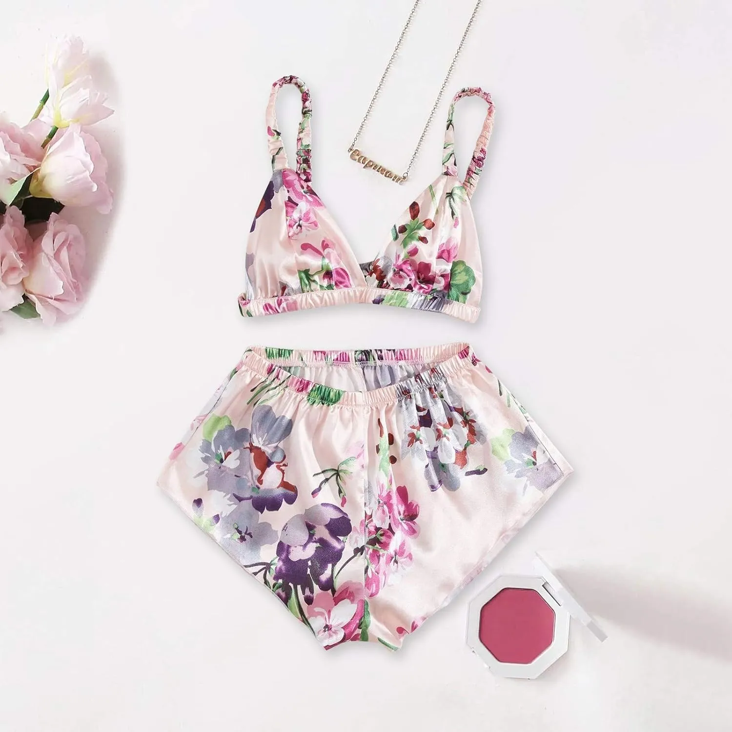 Women's Satin Underwear Floral Sheer Mesh Lingerie Set Embroidered Bralette Top Shorts