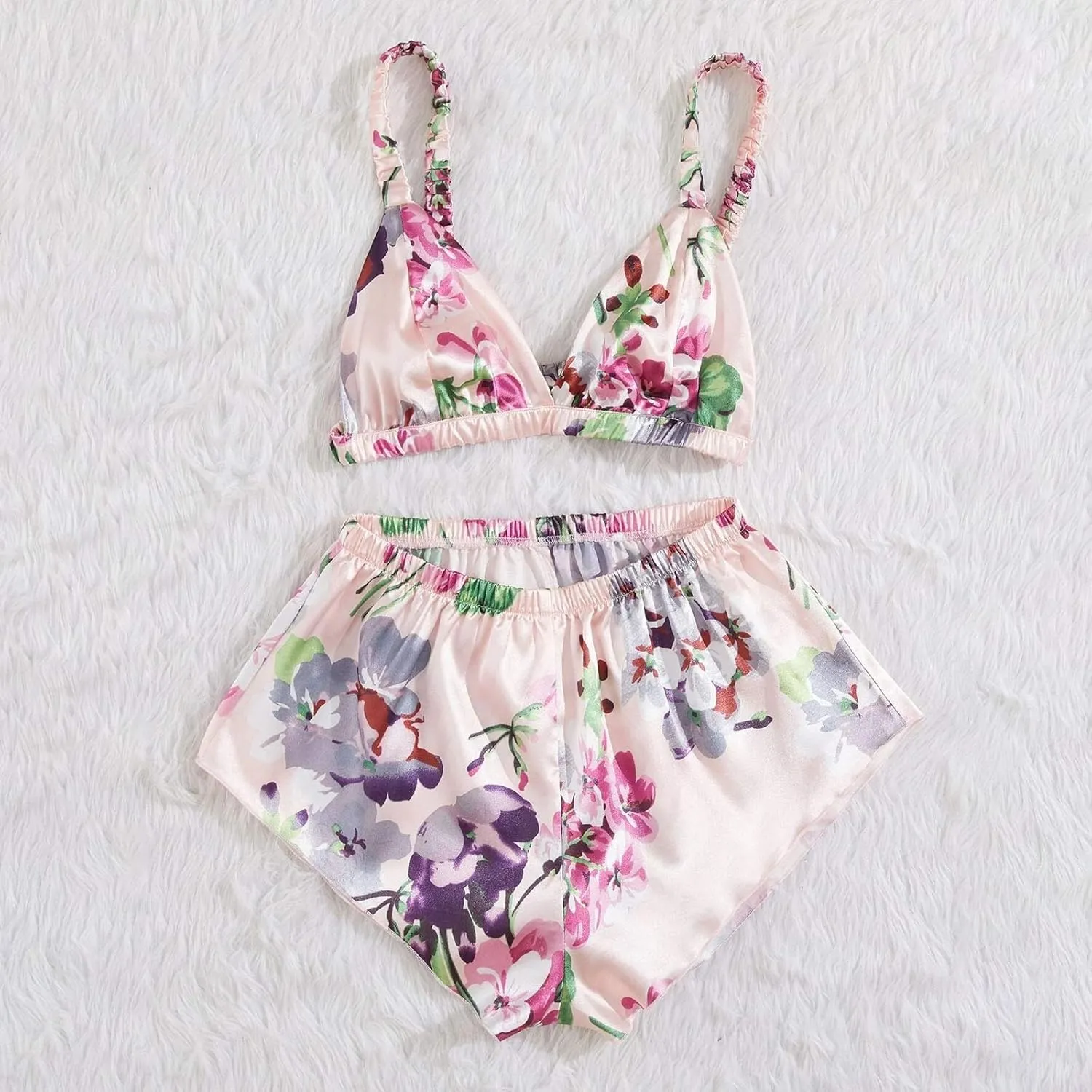 Women's Satin Underwear Floral Sheer Mesh Lingerie Set Embroidered Bralette Top Shorts