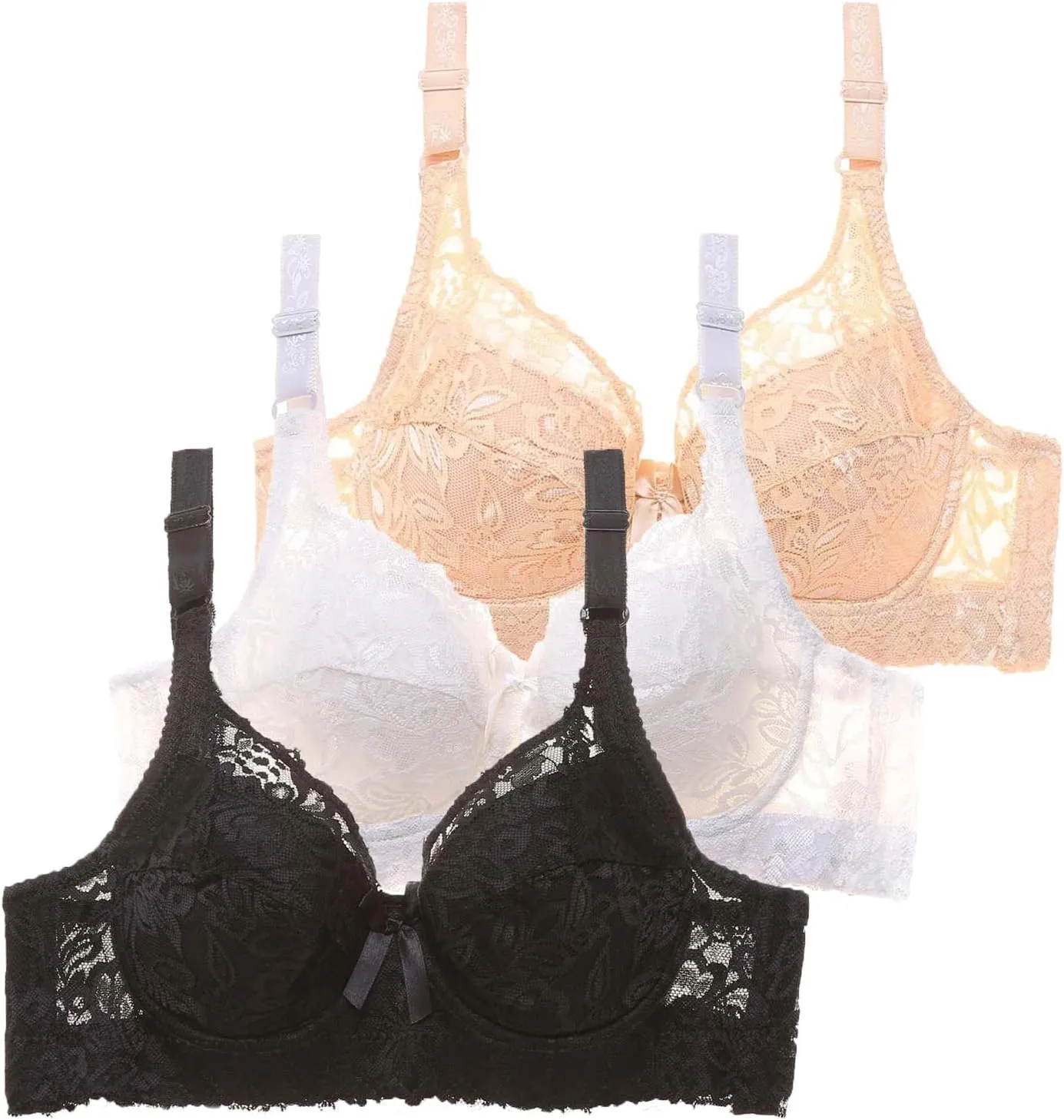 Womens Seamless Bra No Underwire Wireless Lace Scalloped Deep V Adjustable Straps Comfortable Everyday Bra 3 Pcs