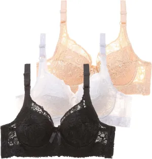 Womens Seamless Bra No Underwire Wireless Lace Scalloped Deep V Adjustable Straps Comfortable Everyday Bra 3 Pcs