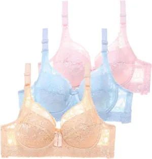 Womens Seamless Bra No Underwire Wireless Lace Scalloped Deep V Adjustable Straps Comfortable Everyday Bra 3 Pcs