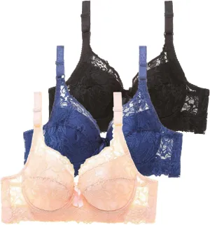 Womens Seamless Bra No Underwire Wireless Lace Scalloped Deep V Adjustable Straps Comfortable Everyday Bra 3 Pcs