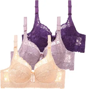 Womens Seamless Bra No Underwire Wireless Lace Scalloped Deep V Adjustable Straps Comfortable Everyday Bra 3 Pcs