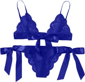 Women's Sexy Strappy Lace Lingerie Set See Through Underwear Floral Lace Bralette Sheer Bra and Panty Set Babydolls
