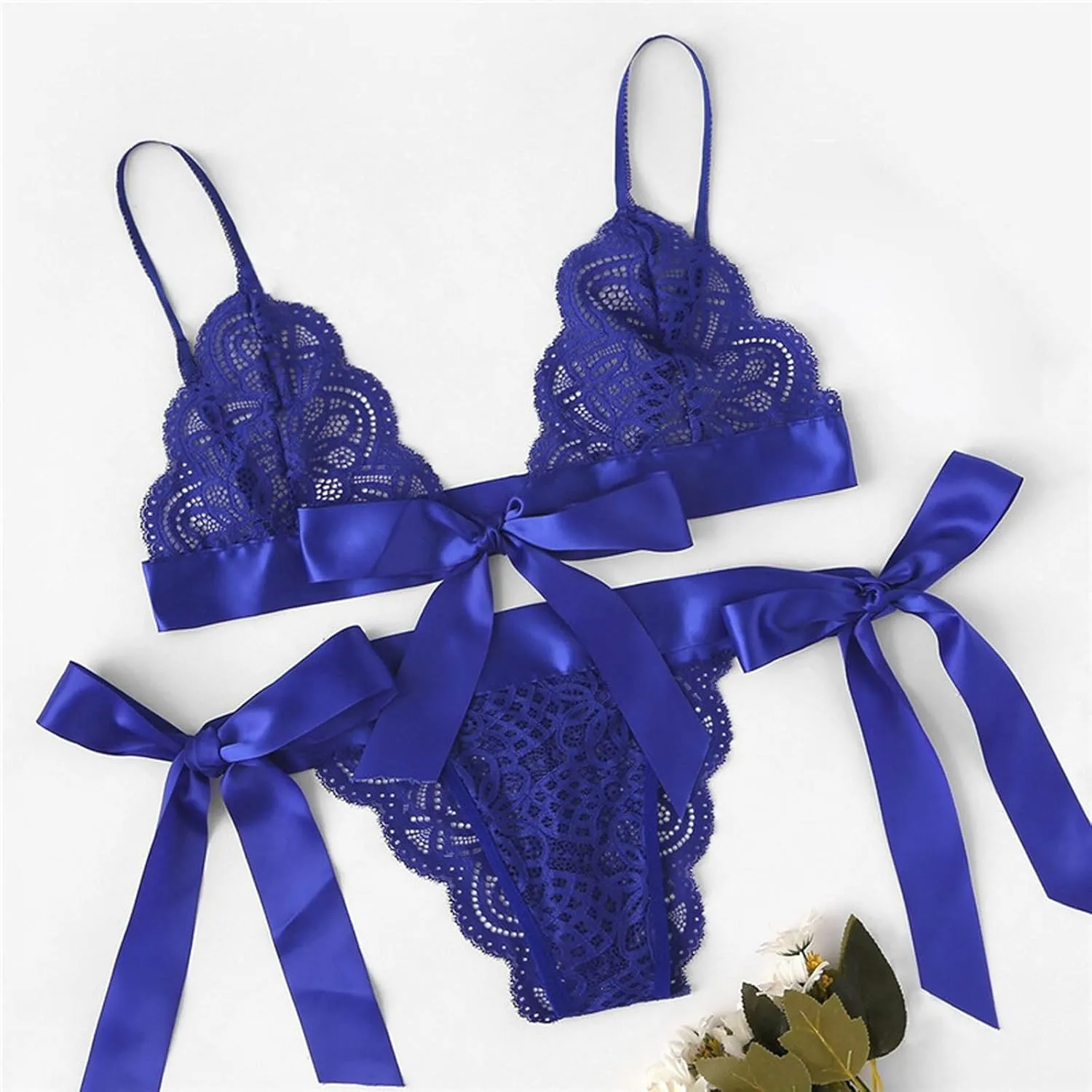 Women's Sexy Strappy Lace Lingerie Set See Through Underwear Floral Lace Bralette Sheer Bra and Panty Set Babydolls