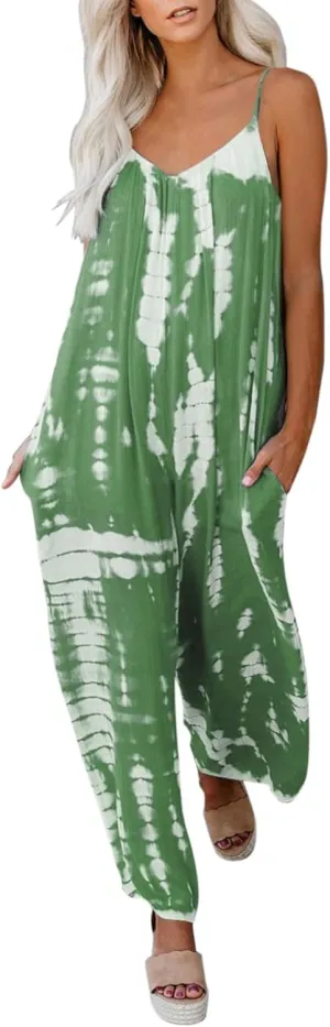 Women's Sleeveless Tie Dye Jumpsuits Spaghetti Strap V Neck Casual Tank Rompers Wide Leg Pants Overalls with Pockets