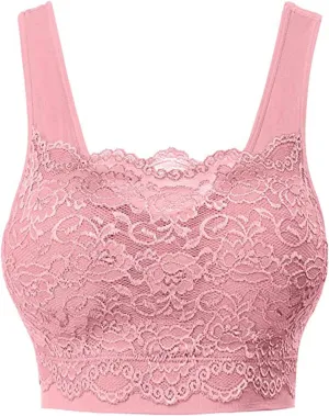 Womens Square Neck Lace Sports Bra Wirefree Padded Workout Yoga Bra Crop Tank Top with Bra Wide Strap Breathable Camisole