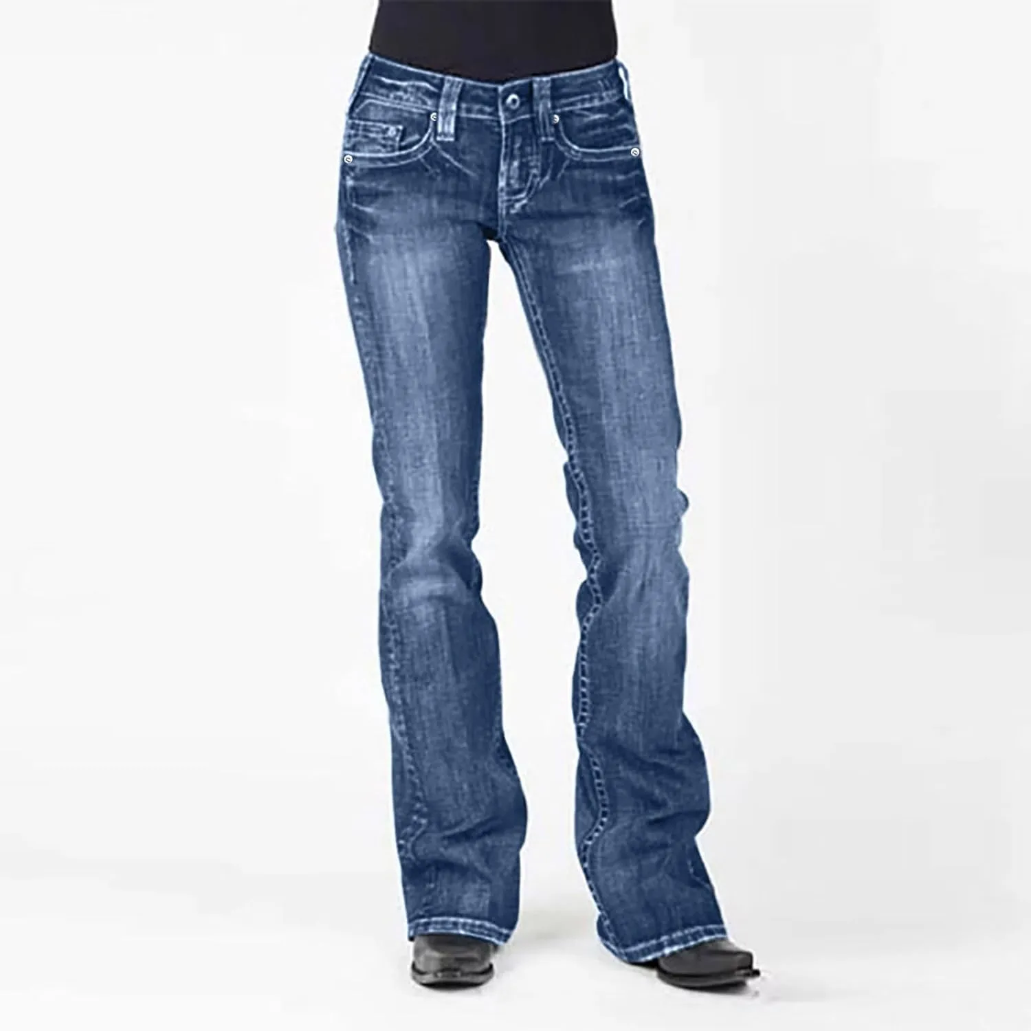 Women's Straight Leg Jeans Casual High Waisted Stretch Denim Pants Stretch Button Full Length Pants with Pockets