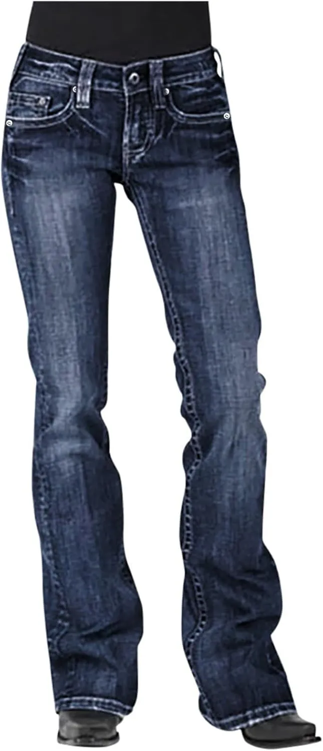Women's Straight Leg Jeans Casual High Waisted Stretch Denim Pants Stretch Button Full Length Pants with Pockets