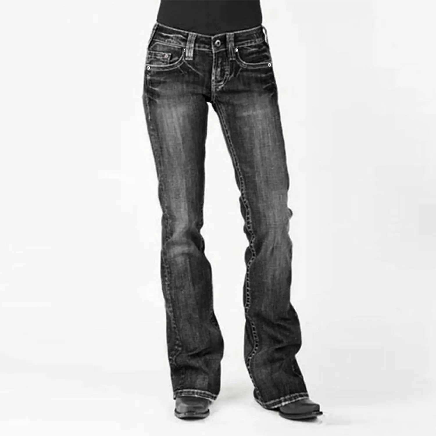 Women's Straight Leg Jeans Casual High Waisted Stretch Denim Pants Stretch Button Full Length Pants with Pockets