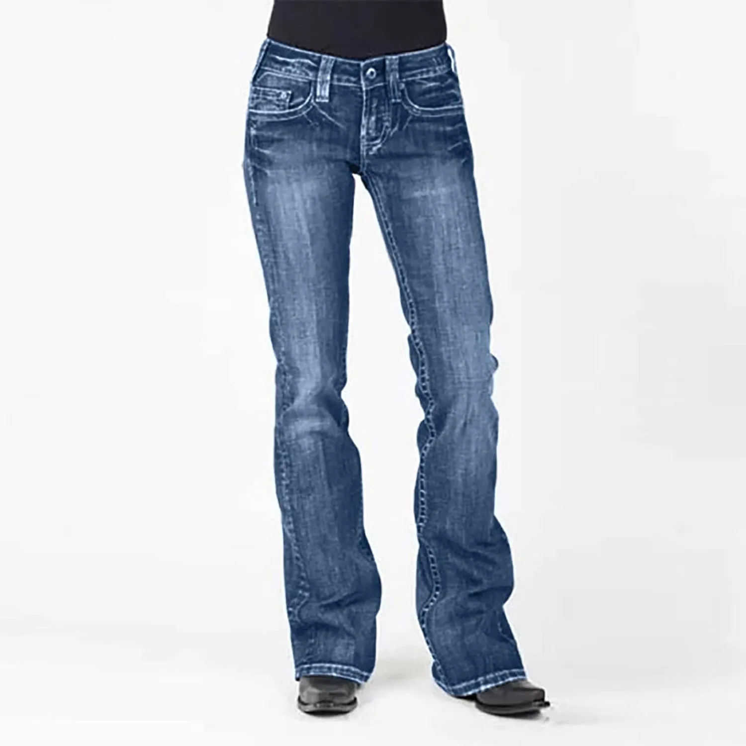 Women's Straight Leg Jeans Casual High Waisted Stretch Denim Pants Stretch Button Full Length Pants with Pockets