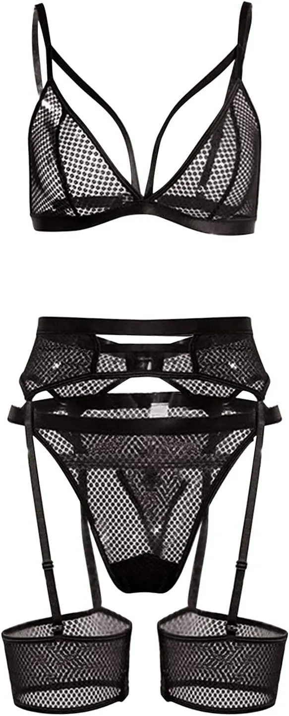 Women's Strappy Mesh Lingerie Set Garter Body Harness Sexy Bra and Panty Set Sexy Lace Baby Dolls Role Playing Outfit