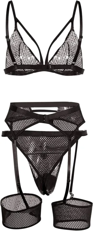 Women's Strappy Mesh Lingerie Set Garter Body Harness Sexy Bra and Panty Set Sexy Lace Baby Dolls Role Playing Outfit