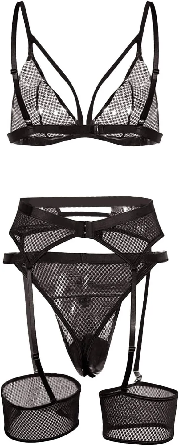Women's Strappy Mesh Lingerie Set Garter Body Harness Sexy Bra and Panty Set Sexy Lace Baby Dolls Role Playing Outfit
