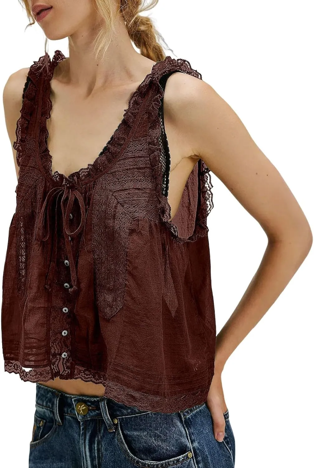Womens Summer Lace Camisole Tank Tops V-Neck Sleeveless Babydoll Tops Casual Cute Going Out Vacation Y2k T-Shirts