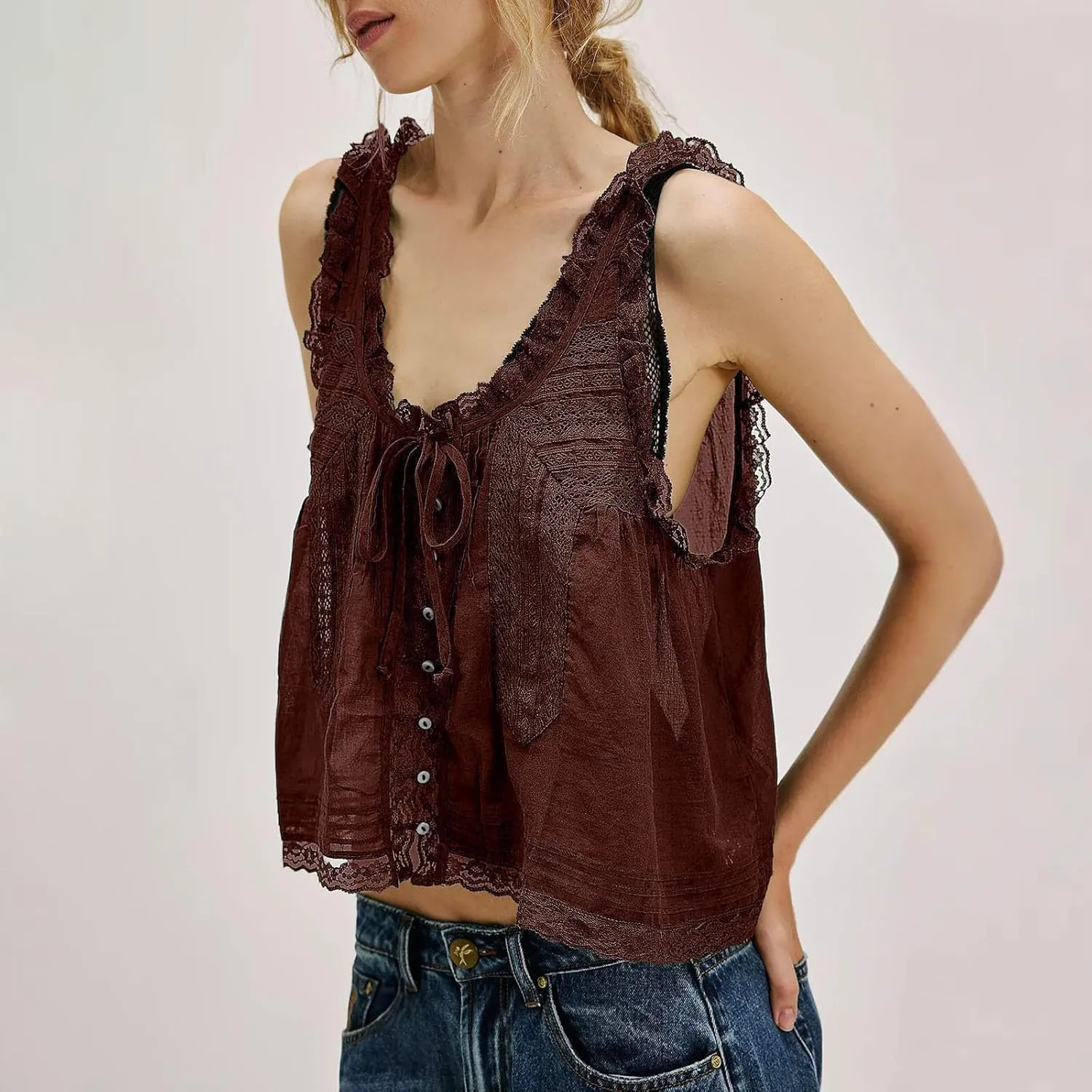 Womens Summer Lace Camisole Tank Tops V-Neck Sleeveless Babydoll Tops Casual Cute Going Out Vacation Y2k T-Shirts