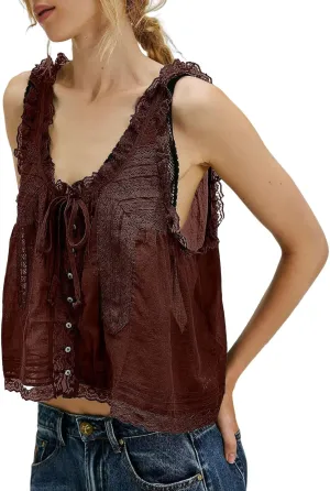 Womens Summer Lace Camisole Tank Tops V-Neck Sleeveless Babydoll Tops Casual Cute Going Out Vacation Y2k T-Shirts
