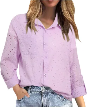 Women's Summer Tops Dressy Casual V Neck Short Sleeve Button Up Hollow Out Eyelet Lace Embroidered Blouses Shirts