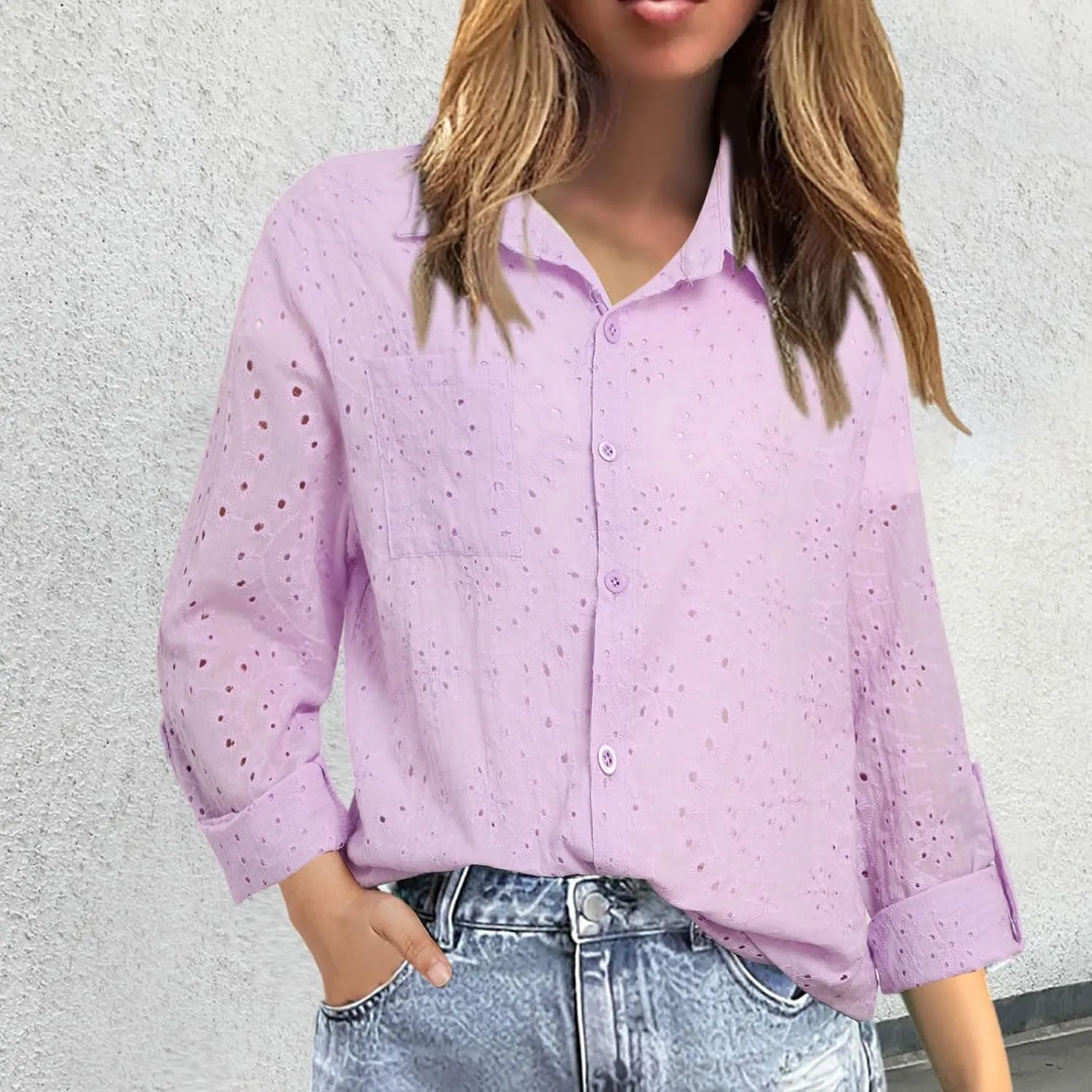 Women's Summer Tops Dressy Casual V Neck Short Sleeve Button Up Hollow Out Eyelet Lace Embroidered Blouses Shirts