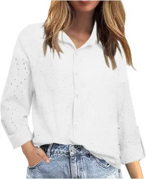 Women's Summer Tops Dressy Casual V Neck Short Sleeve Button Up Hollow Out Eyelet Lace Embroidered Blouses Shirts