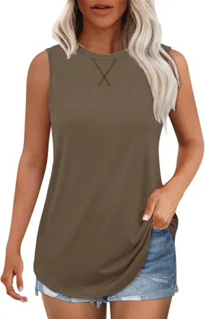 Womens Tank Tops Workout Sleeveless Crew Neck Tunic Top Solid Color Business Comfy Summer Vacation Trendy Camisole