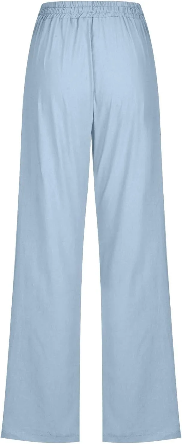 Womens Tapered Pants Cotton Linen Drawstring Elastic Waist Lounge Pants Casual Straight Leg Trousers with Pockets