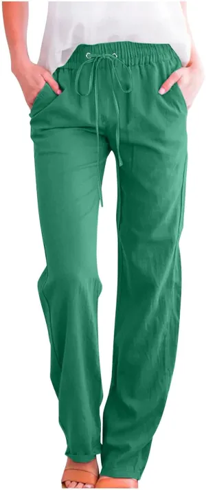 Womens Tapered Pants Cotton Linen Drawstring Elastic Waist Lounge Pants Casual Straight Leg Trousers with Pockets