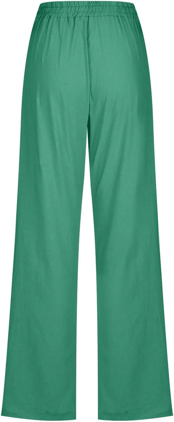 Womens Tapered Pants Cotton Linen Drawstring Elastic Waist Lounge Pants Casual Straight Leg Trousers with Pockets