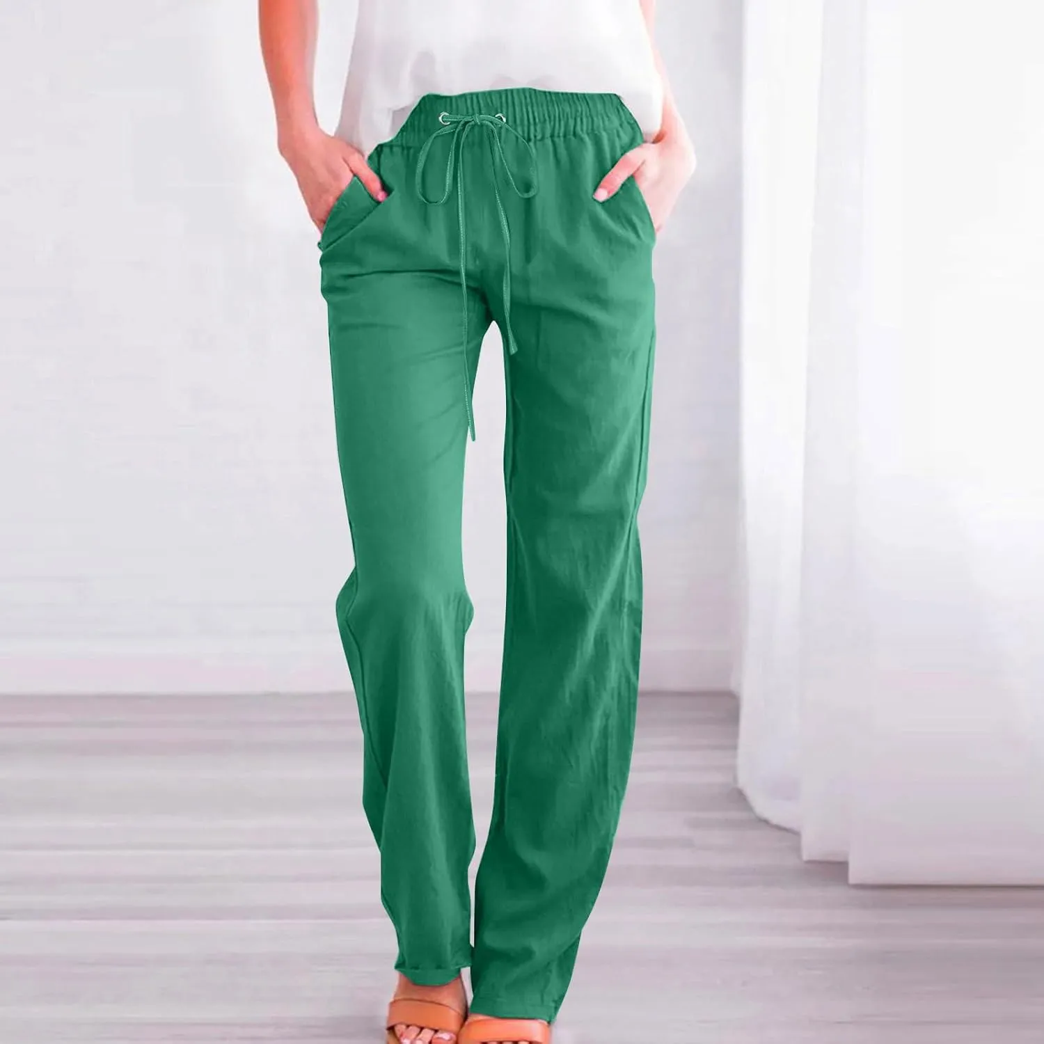Womens Tapered Pants Cotton Linen Drawstring Elastic Waist Lounge Pants Casual Straight Leg Trousers with Pockets