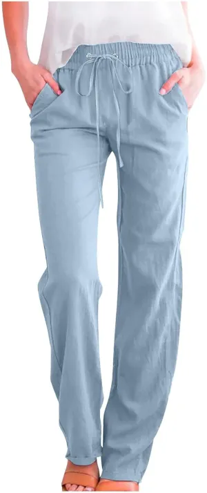 Womens Tapered Pants Cotton Linen Drawstring Elastic Waist Lounge Pants Casual Straight Leg Trousers with Pockets