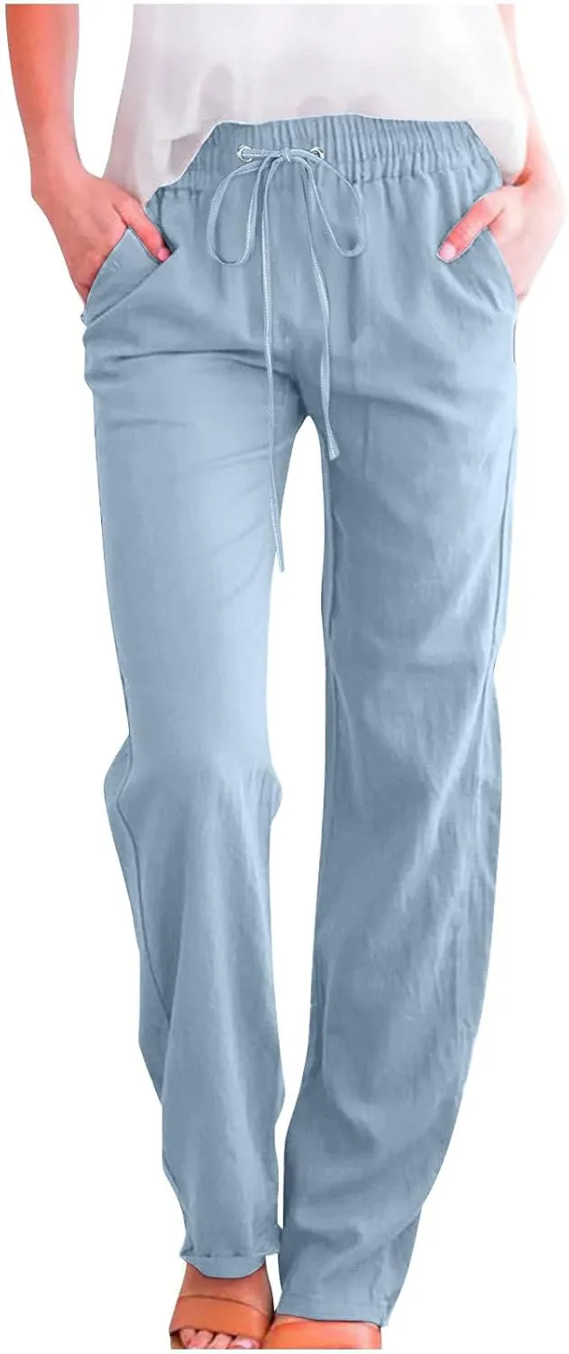 Womens Tapered Pants Cotton Linen Drawstring Elastic Waist Lounge Pants Casual Straight Leg Trousers with Pockets