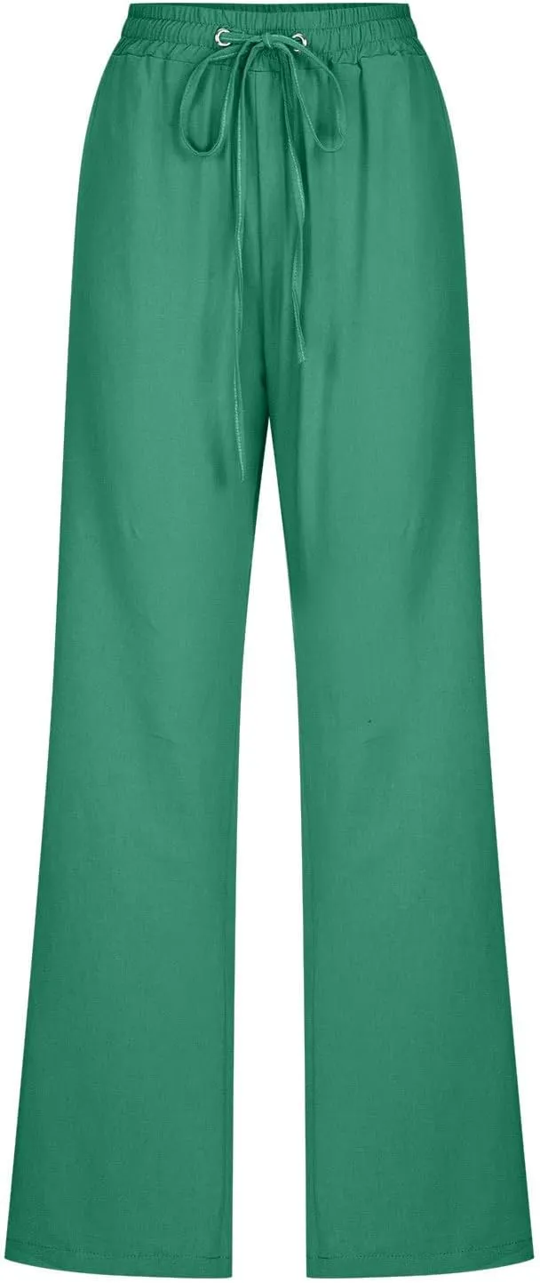 Womens Tapered Pants Cotton Linen Drawstring Elastic Waist Lounge Pants Casual Straight Leg Trousers with Pockets