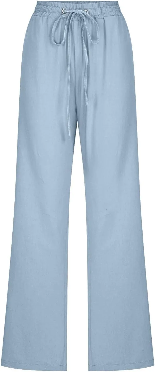 Womens Tapered Pants Cotton Linen Drawstring Elastic Waist Lounge Pants Casual Straight Leg Trousers with Pockets
