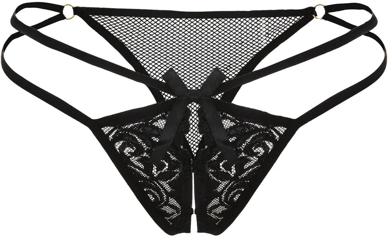 Women's Thong G-String Underwear String Lace Mid-Rise Open Front Cut Out Panties Soft Invisibles Lingerie Panties