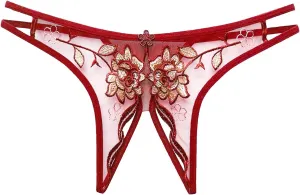 Women's Thong G-String Underwear String Lace Mid-Rise Open Front Cut Out Panties Soft Invisibles Lingerie Panties