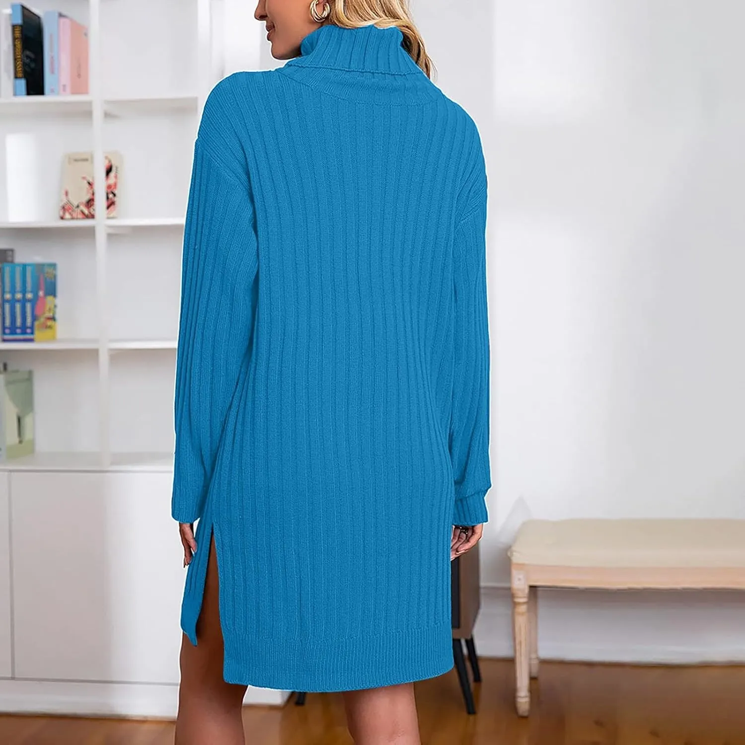 Womens Turtleneck Tunic Sweater Oversized Chunky Knit Jumper Tops Lantern Sleeve Sweater Dress Loose Casual Pullover Dresses