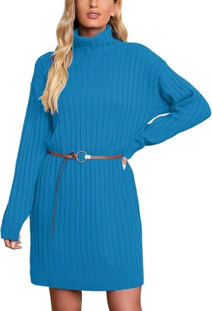 Womens Turtleneck Tunic Sweater Oversized Chunky Knit Jumper Tops Lantern Sleeve Sweater Dress Loose Casual Pullover Dresses