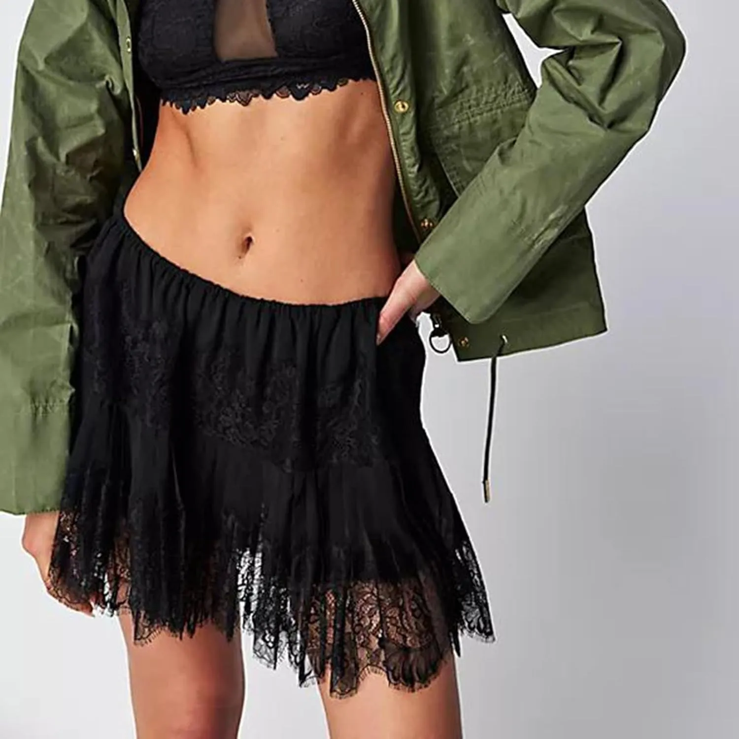 Women's Y2k Lace Half Slip Skirt Low Rise Pleated Ruffle LaceTrim Mini Skirt Layered Flowy Short Skirts Underskirt