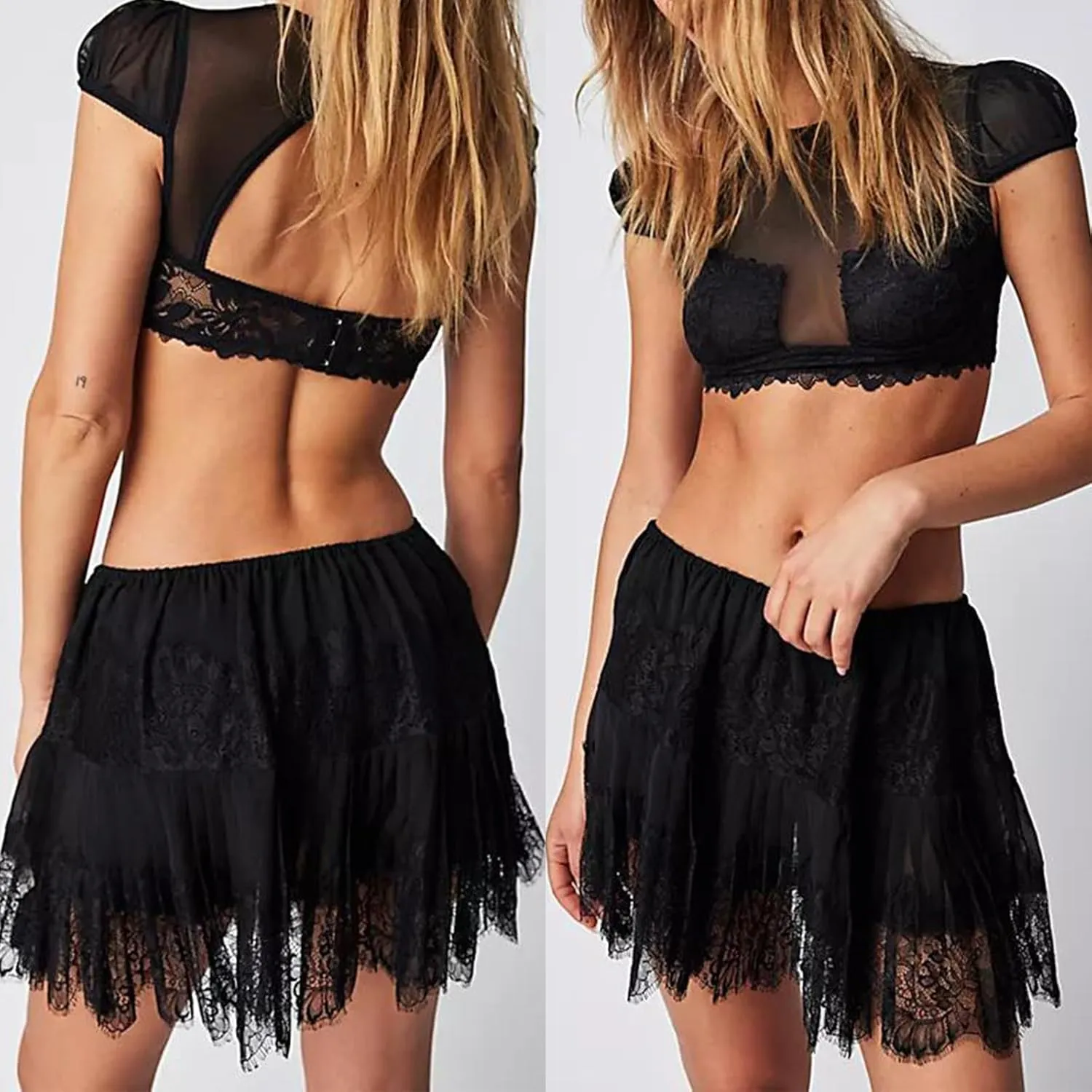 Women's Y2k Lace Half Slip Skirt Low Rise Pleated Ruffle LaceTrim Mini Skirt Layered Flowy Short Skirts Underskirt