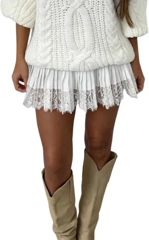 Women's Y2k Lace Mini Skirt Low Rise Pleated Ruffle Lace Trim Half Slip Skirt Layered Flowy Short Skirts Underskirt