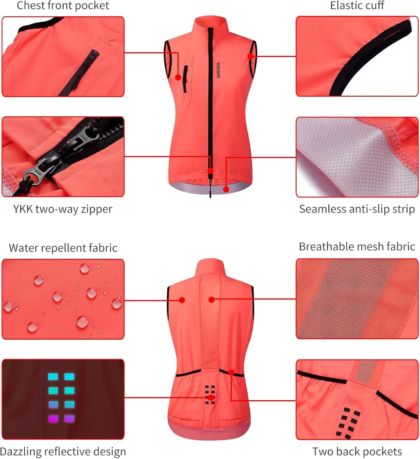 WOSAWE Women's Cycling Vest Lightweight Breathable Running Gilet Sleeveless Sport Jacket