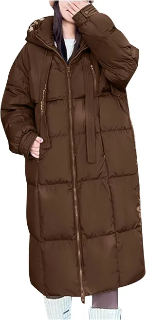 XUNRYAN Womens Winter Down Coat Warm Quilted Puffer Jackets Maxi Long Thicken Parka Hooded Anorak Loose Fit Overcoat Outwear