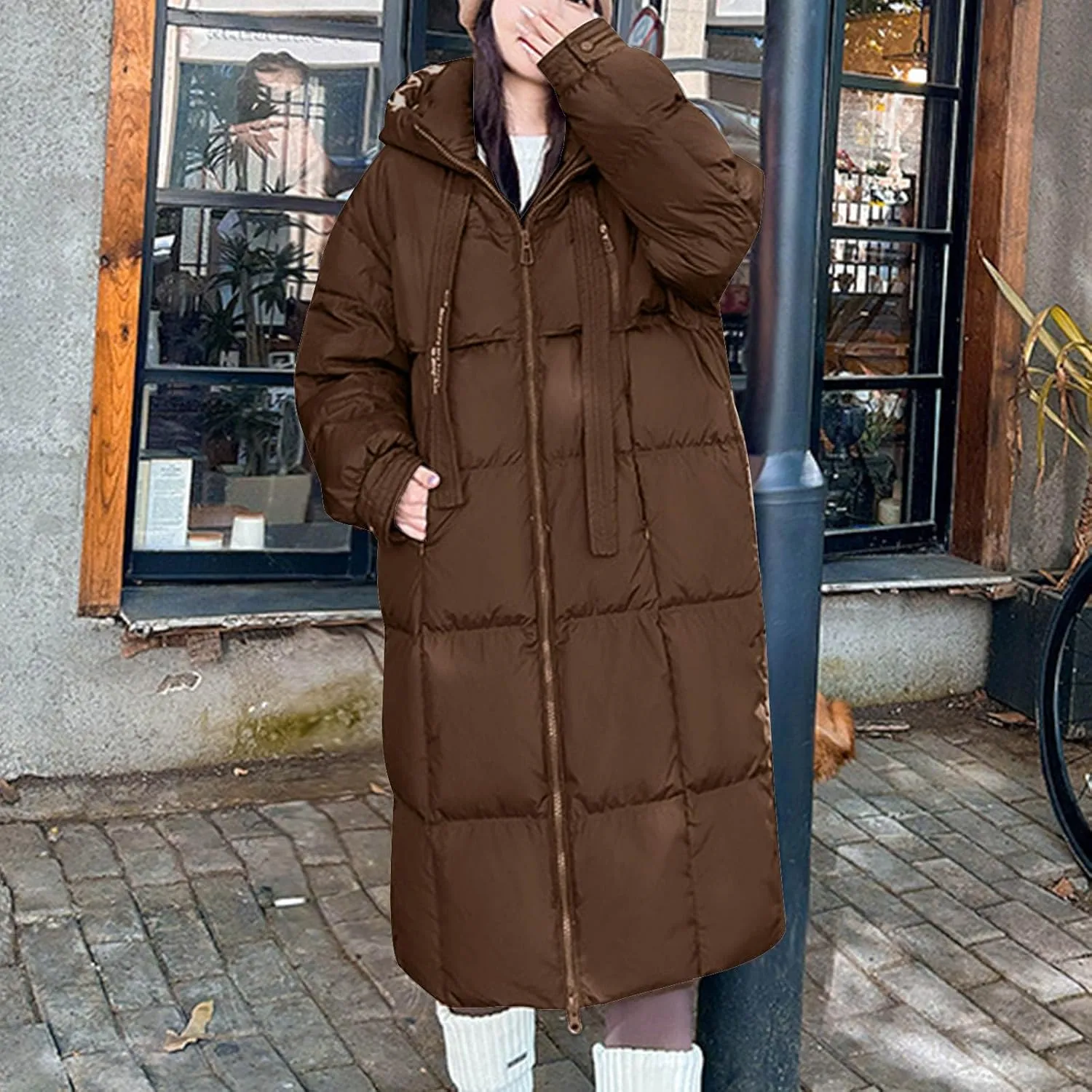 XUNRYAN Womens Winter Down Coat Warm Quilted Puffer Jackets Maxi Long Thicken Parka Hooded Anorak Loose Fit Overcoat Outwear